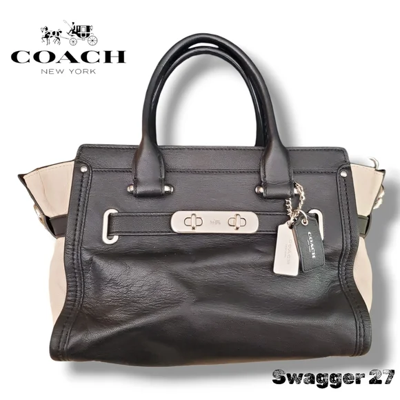 Coach Swagger 27 Black & Chalk Crossbody Satchel, Hang Tags & Original Crossbody - Picture 7 of 17